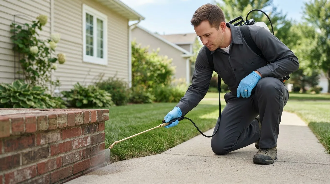 Pest control technician treating a home near Sabattus, ME