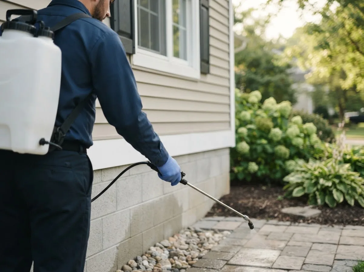 Pest control technician inspecting a home in Sabattus, ME